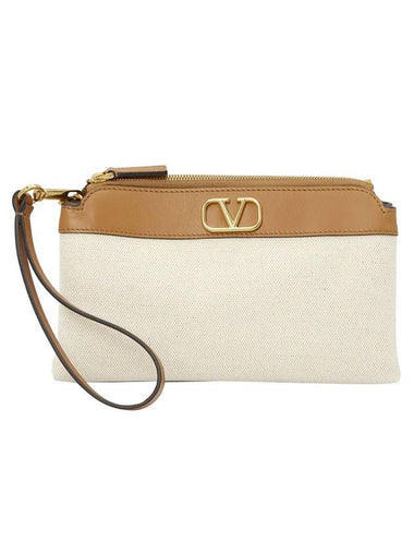 V Logo Signature Canvas Clutch Bag Brown Beige - VALENTINO - BALAAN 1