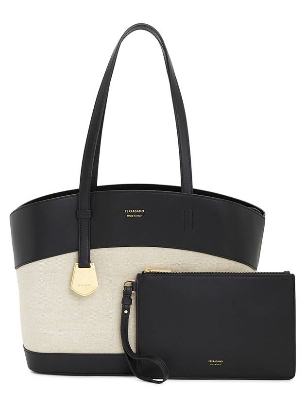 Charming Leather Canvas Tote Bag Black Nude - SALVATORE FERRAGAMO - BALAAN 4