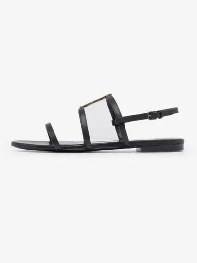 Women's Smooth Leather Gold Tone Monogram Detail Cassandra Flat Sandals Black - SAINT LAURENT - BALAAN 2