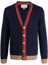 V-Neck Rib Knit Wool Cardigan Navy - GUCCI - BALAAN 1