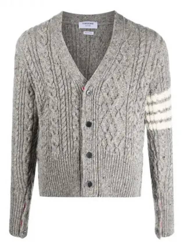 Donegal Twist Cable 4 Bar Classic V Neck Cardigan Light Grey - THOM BROWNE - BALAAN 2