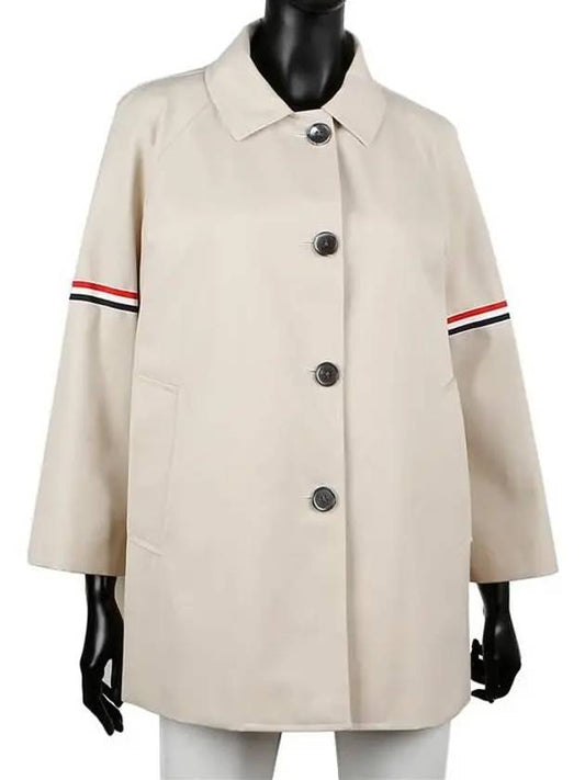 Waterproof Cotton Twill Striped Armband Cropped Car Coat Khaki - THOM BROWNE - BALAAN.