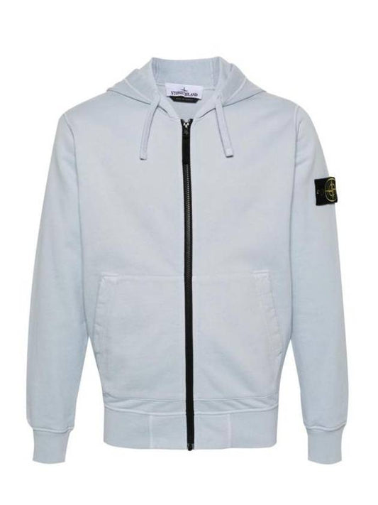 Garment Dyed Cotton Fleece Full Zip Hooded Jacket Light Blue - STONE ISLAND - BALAAN 1