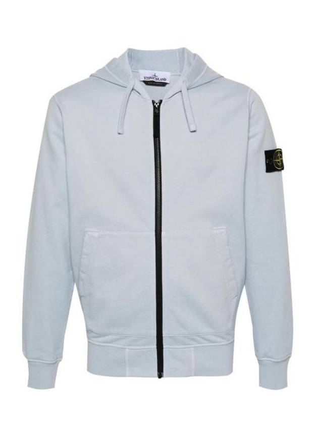 Garment Dyed Cotton Fleece Full Zip Hooded Jacket Light Blue - STONE ISLAND - BALAAN 1