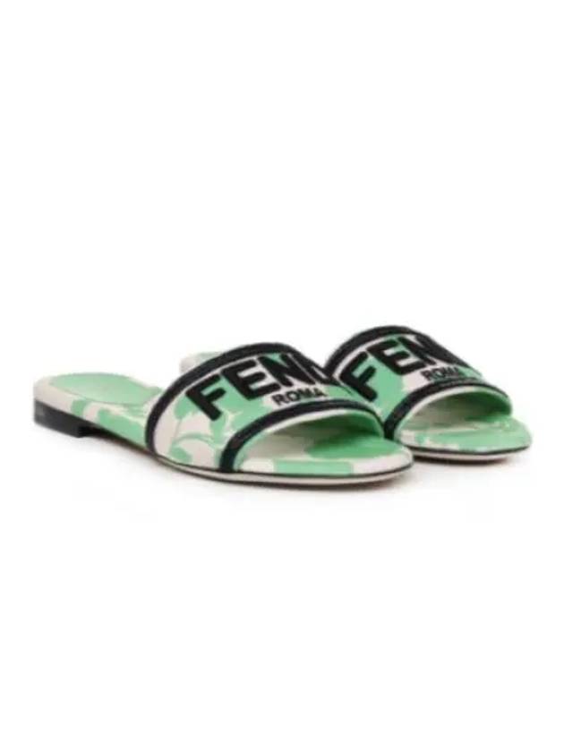 Rose Print Embroidered Logo Canvas Slide Slippers Green - FENDI - BALAAN 2