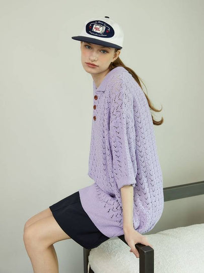 Crochet Punching Polo Knit Top Lavender - KINETO - BALAAN 2