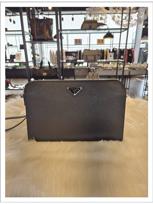 Saffiano Leather Pouch Clutch Bag Black - PRADA - BALAAN