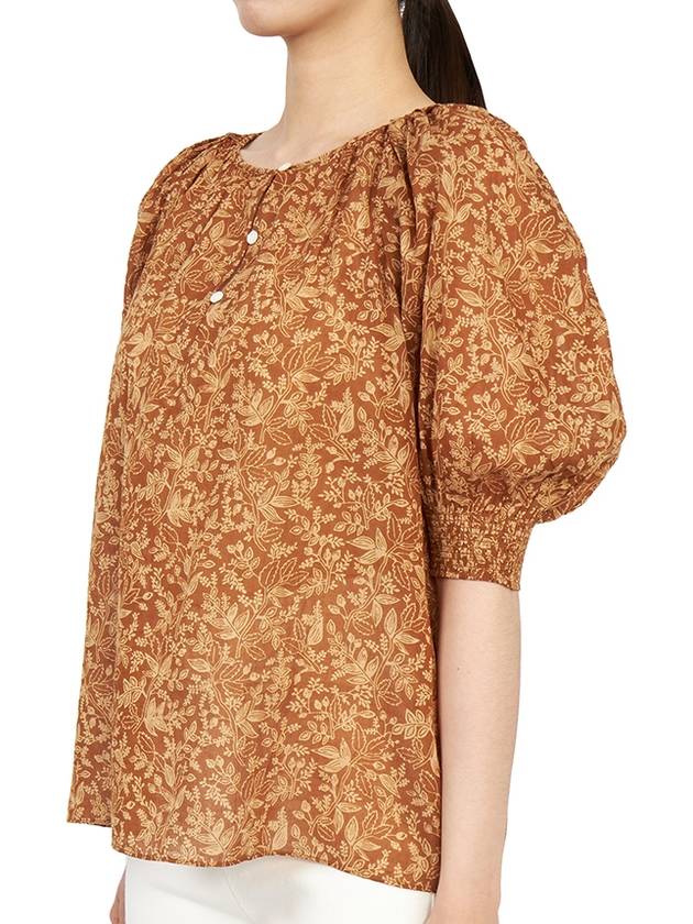 Women's Flower Print Puff Sleeve Cotton Blouse Brown - VANESSA BRUNO - BALAAN 3