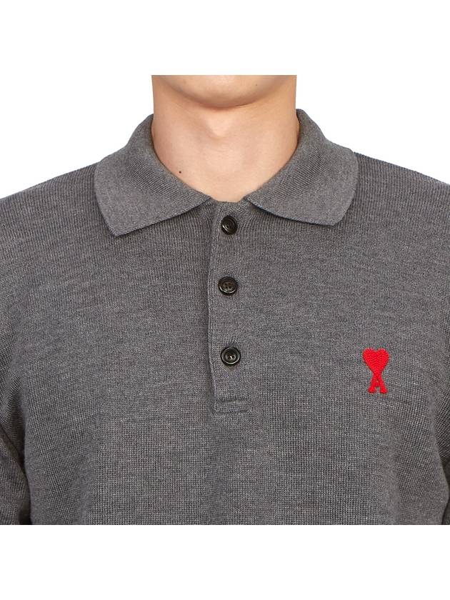 Small Heart Extra Fine Merino Wool Polo Shirt Grey - AMI - BALAAN 7