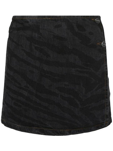 Ganni Mini Skirt In Organic Denim With Zebra Print - GANNI - BALAAN 1