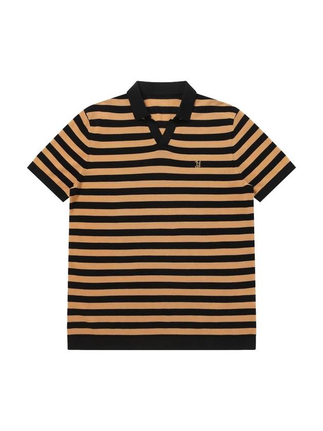 Men's Polo Open Collar Striped Short Sleeve Knit Top Ocher - SOLEW - BALAAN 1