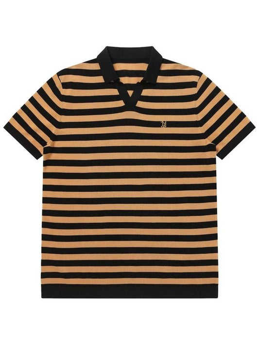 Men's Polo Open Collar Striped Short Sleeve Knit Ocher - SOLEW - BALAAN 1