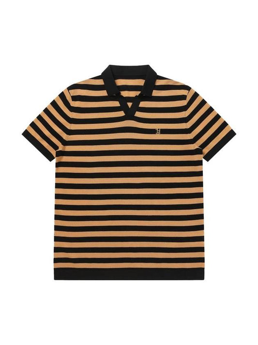 Men's Polo Open Collar Striped Short Sleeve Knit Top Ocher - SOLEW - BALAAN 2