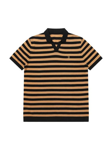 Polo Open Collar Stripe Short Sleeve Knit Top Ocher - SOLEW - BALAAN 1