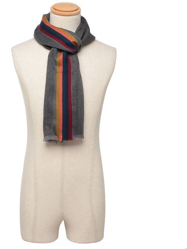 Striped Fringe Wool Silk Muffler Khaki - PAUL SMITH - BALAAN 3