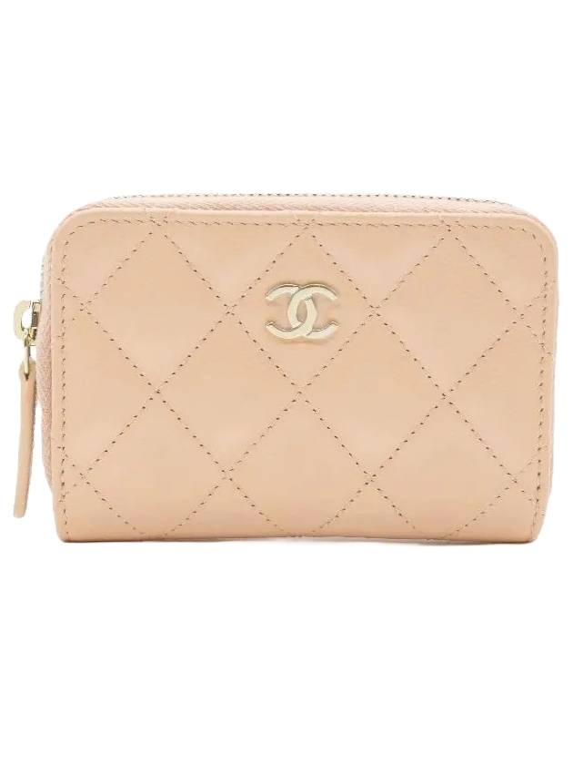 Classic Grained Shiny Calfskin Zipped Coin Wallet Light Beige - CHANEL - BALAAN 1