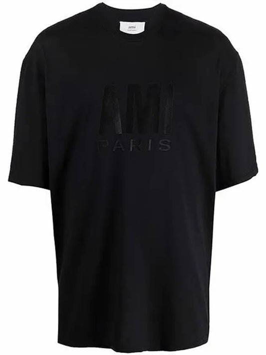 Paris Logo Loose Fit Organic Cotton Short Sleeve T-Shirt Black - AMI - BALAAN.
