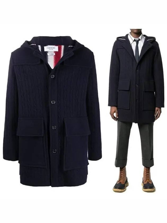 Men's Intarsia Center Back Striped Wool Duffel Coat Navy - THOM BROWNE - BALAAN 2