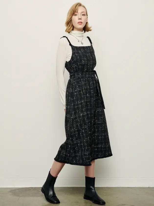 Women's Tweed Belted Slips Tile Midi Dress Black - PRETONE - BALAAN 1