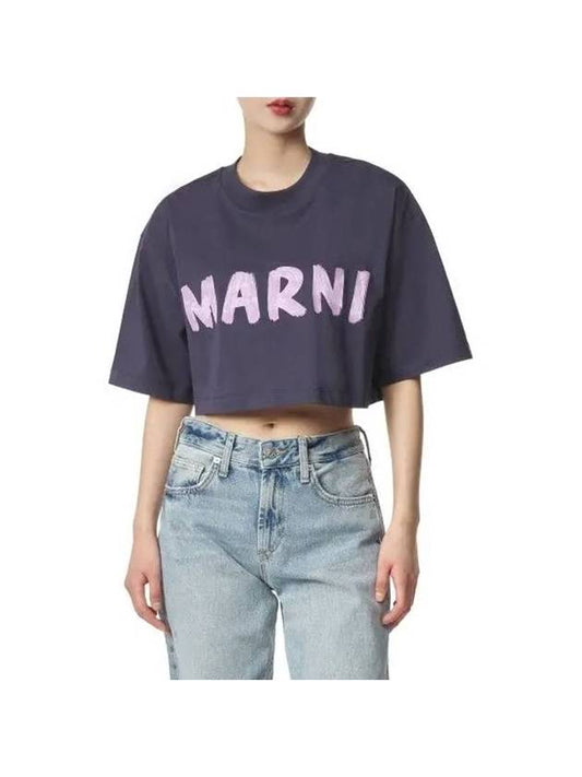 Logo Cotton Crop Short Sleeve T-Shirt Navy - MARNI - BALAAN 1