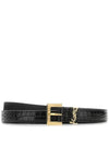 Monogram Square Buckle Crocadile Embossed Thin Leather Belt Black - SAINT LAURENT - BALAAN.