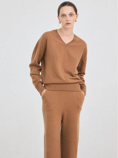 Women s V neck Cashmere Knit Top Camel CM - LEHEE CASHMERE - BALAAN 1