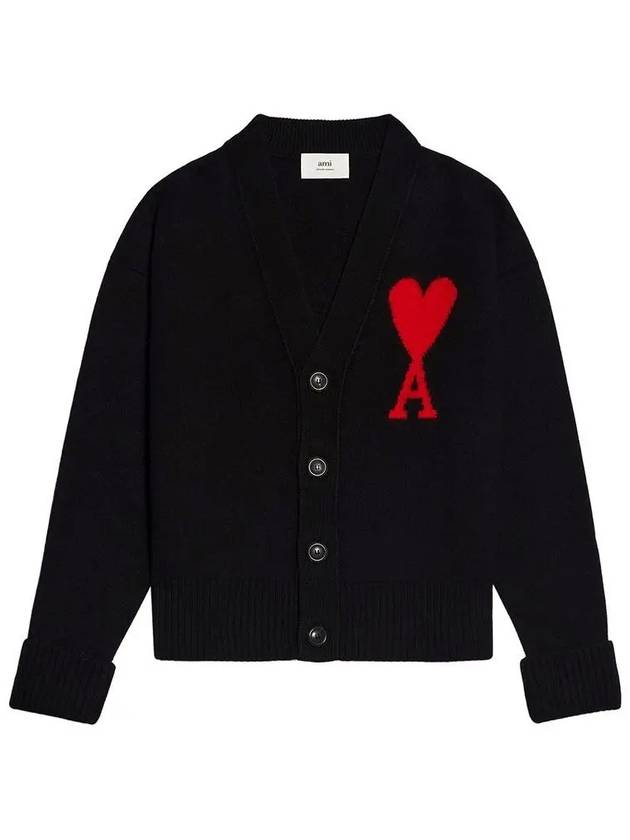 Intarsia Big Heart Logo Oversized Virgin Wool Cardigan Black - AMI - BALAAN 2