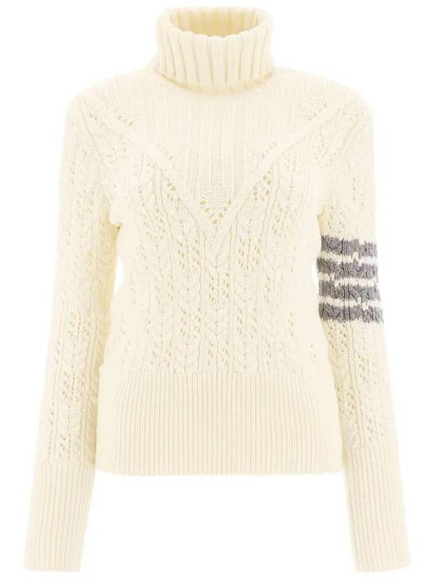 Women's Irish Pointel Cable Merino Wool 4 Bar Turtleneck White - THOM BROWNE - BALAAN.