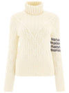 Women's 4 Bar Irish Pointelle Cable Merino Wool Turtleneck White - THOM BROWNE - BALAAN 3