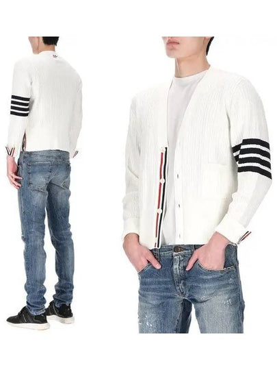 4-Bar Stripe Cable Knit Cardigan White - THOM BROWNE - BALAAN 2