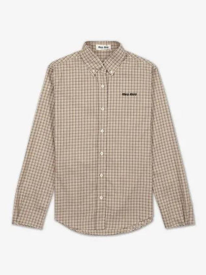 Embroidered Logo Check Long Sleeve Shirt Beige - MIU MIU - BALAAN 2