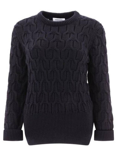 Merino Crisscross Cable Stitch Crewneck Knit Top Navy - THOM BROWNE - BALAAN 1