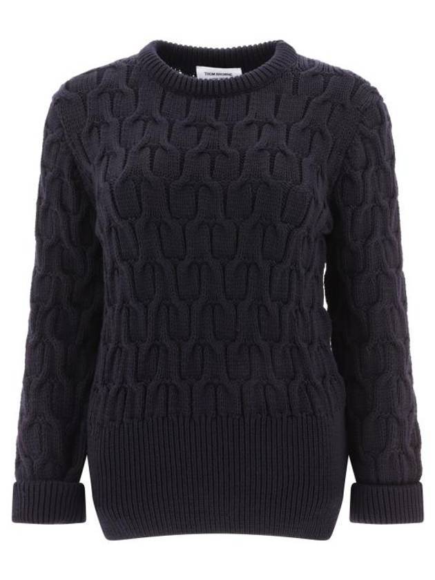 Merino Crisscross Cable Stitch Crewneck Knit Top Navy - THOM BROWNE - BALAAN 1