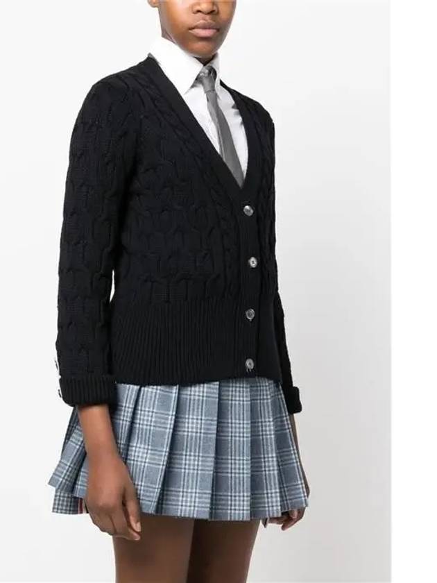 Merino Wool Crisscross Cable Stitch 3/4 Sleeve V-Neck Cardigan Navy - THOM BROWNE - BALAAN 4