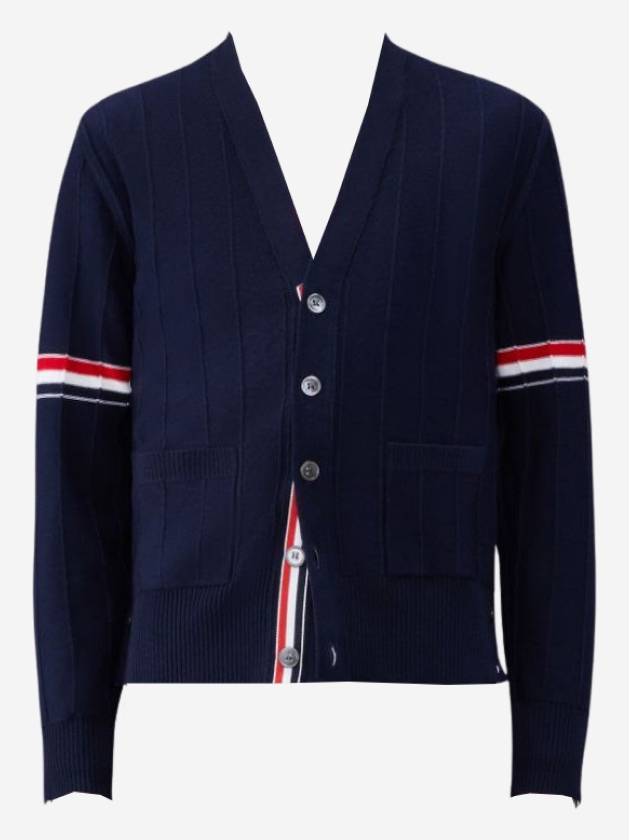 RWB V-neck Striped Virgin Wool Cardigan Navy - THOM BROWNE - BALAAN 2