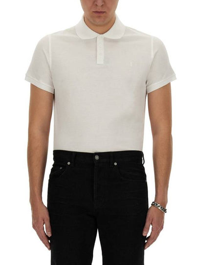 Men's Monogram Cotton Short Sleeve Polo Shirt White - SAINT LAURENT - BALAAN 2