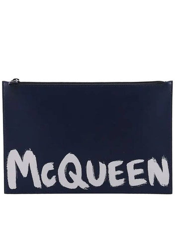 Logo Leather Clutch Bag Navy Blue - ALEXANDER MCQUEEN - BALAAN 1