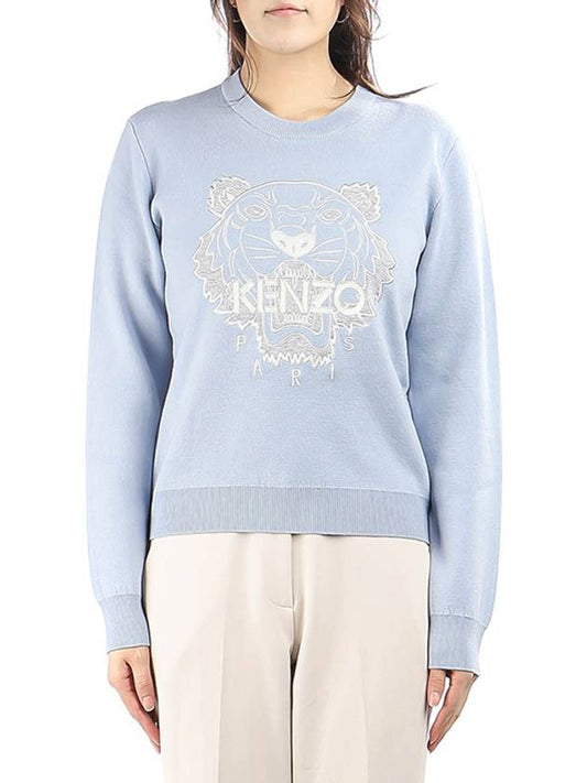 tiger logo embroidered knit top Glacier - KENZO - BALAAN.