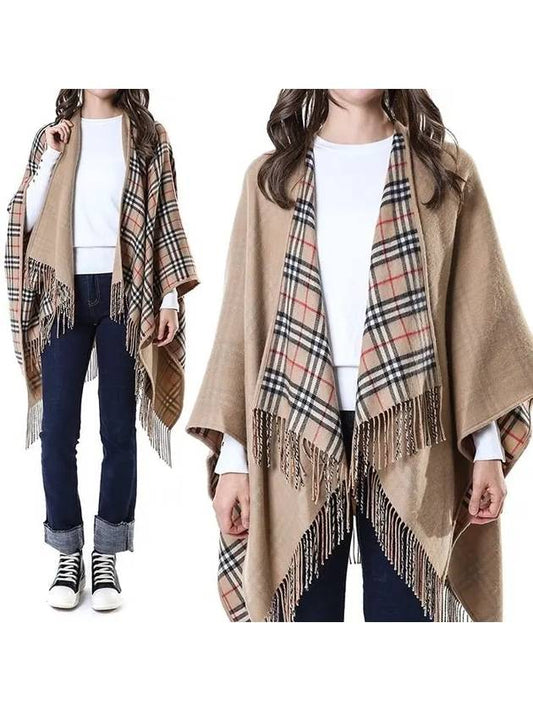 Women's Check Reversible Wool Cape Beige - BURBERRY - BALAAN 2