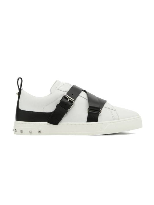 Women's Belted V-Punk Low Top Sneakers Black White - VALENTINO - BALAAN.