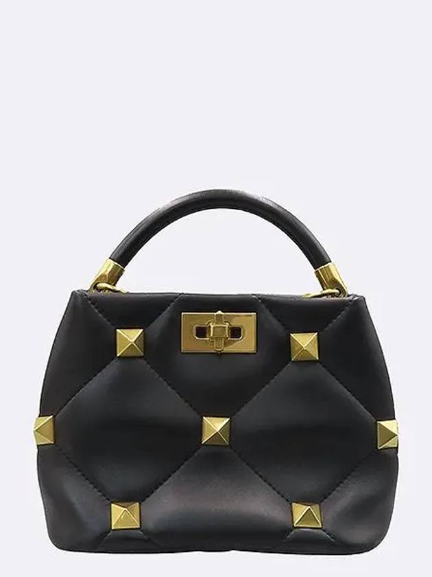 XW2B0I97BSF Black Leather Roman Gold Studded Top Handle S Size Tote Bag Shoulder Strap - VALENTINO - BALAAN 2