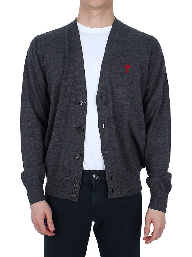 Red Heart Logo Merino Wool Cardigan Heather Grey - AMI - BALAAN 4