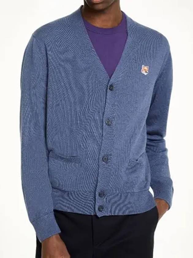 Fox Head Logo Classic Wool Cardigan Blue Melange - MAISON KITSUNE - BALAAN 4