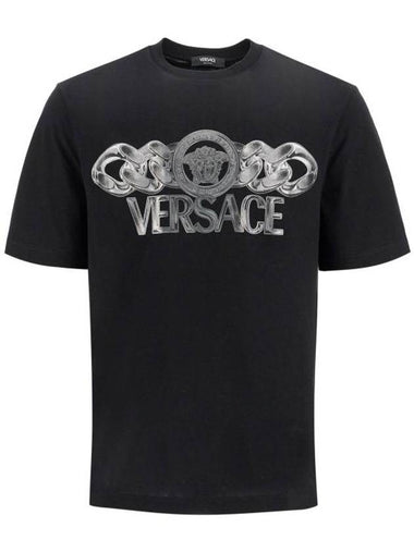 Logo Print Crewneck Short Sleeve T-Shirt Black - VERSACE - BALAAN 1