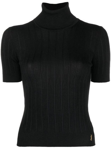 Rib Silk Monogram Short Sleeve Turtleneck Black - SAINT LAURENT - BALAAN 1