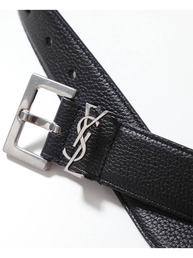 Grained Leather Silver Monogram Belt Black - SAINT LAURENT - BALAAN 4