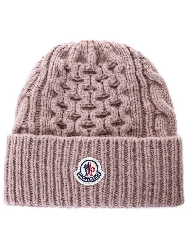 logo patch cable knit beanie brown - MONCLER - BALAAN.
