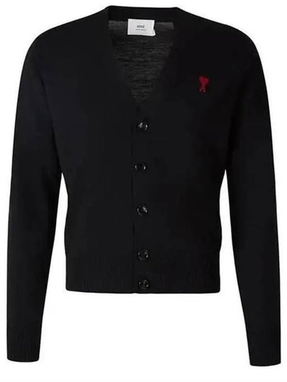 Red Heart Logo Merino Wool Cardigan Black - AMI - BALAAN 2