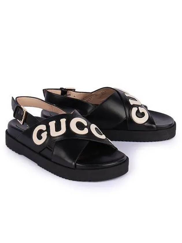 Women's Logo Leather Sandals Black - GUCCI - BALAAN 2