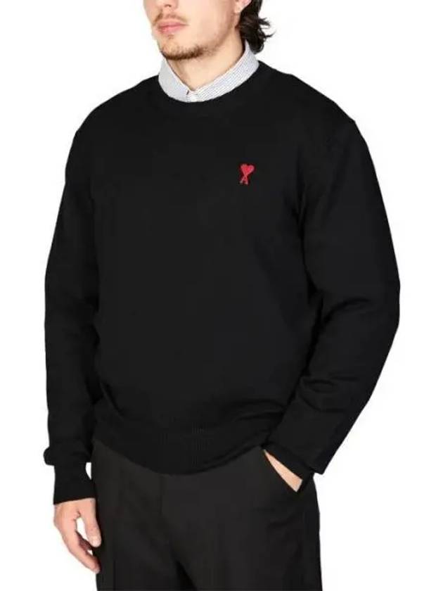 Heart Embroidered Logo Crew Neck Knit Top Black - AMI - BALAAN 2